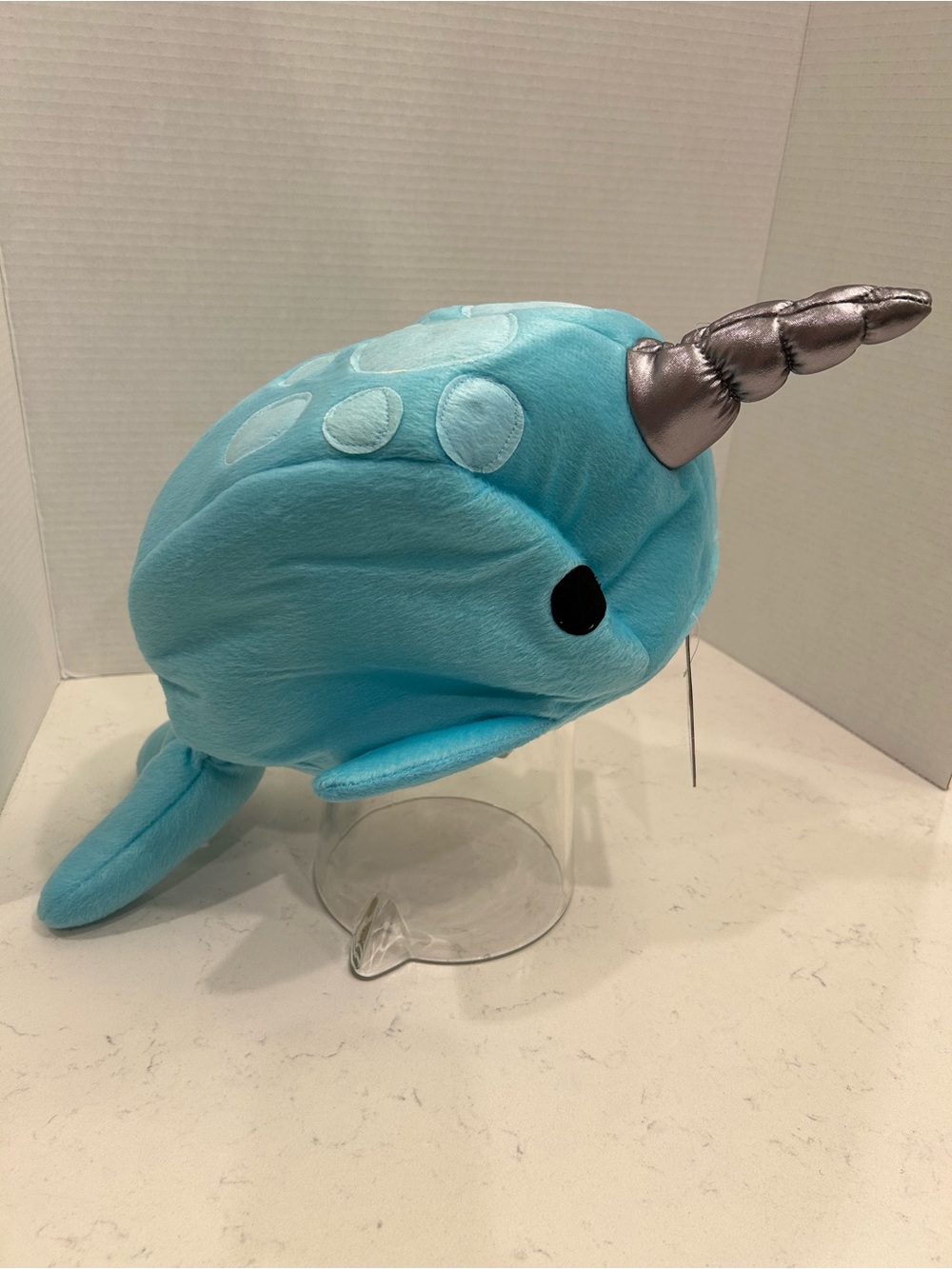 Plush Narwhal Novelty Hat in Light Blue with Silver Horn